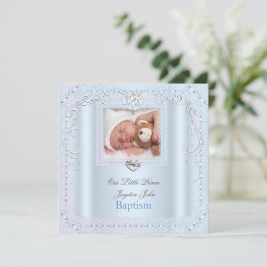 Invitation Baptême Garçon Bleu Christening Croix Prince (Debout devant)