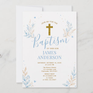 Invitation Baptême Garçon Bleu Croix Dorée Florale Christenin