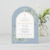 Invitation Baptême garçon bleu poussiéreux de verdure à arche (Debout devant)