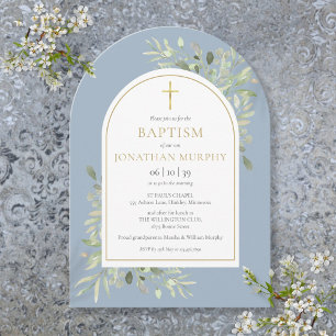 Invitation Baptême garçon bleu poussiéreux de verdure à arche