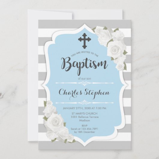 Invitation Baptême garçon - Bleu rose Blanc (Devant)