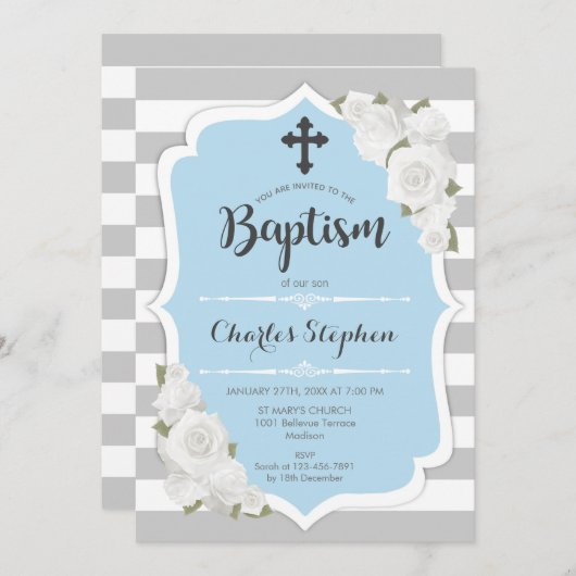 Invitation Baptême garçon - Bleu rose Blanc (Devant / Derrière)