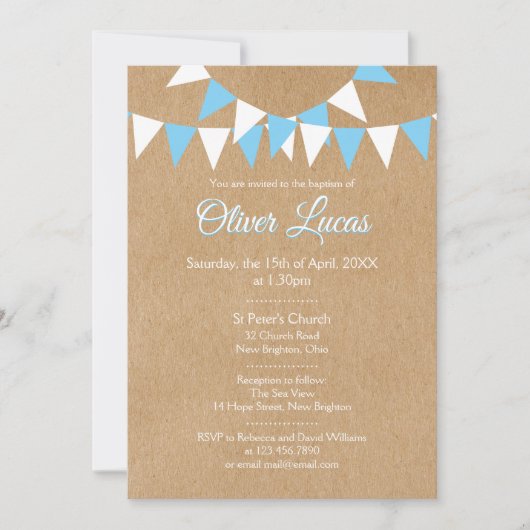 Invitation Baptême Garçon Bleu Rustique Bunting (Devant)