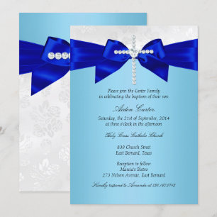 Invitation Baptême Garçon Croix Bleu Royal Blanc Argent