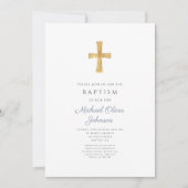 Invitation Baptême garçon croix rayures bleu poussiéreux mode (Devant)