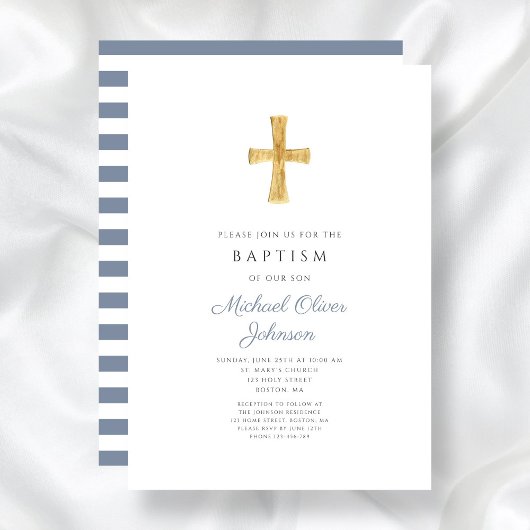 Invitation Baptême garçon croix rayures bleu poussiéreux mode