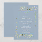Invitation Baptême garçon de verdure botanique bleu poussiére (Devant / Derrière)