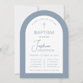Invitation Baptême garçon Dusty Bleu Blanc Arc Script Moderne (Devant)
