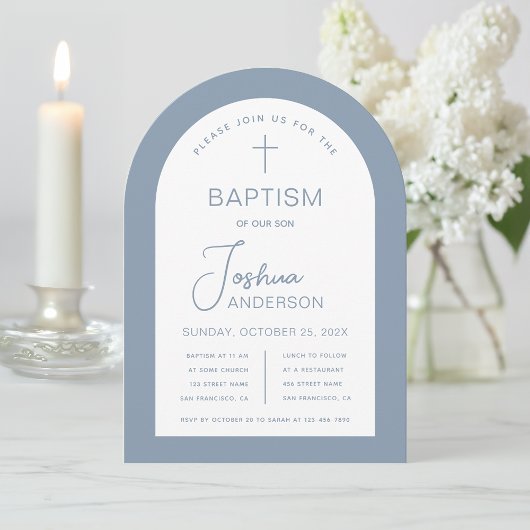 Invitation Baptême garçon Dusty Bleu Blanc Arc Script Moderne
