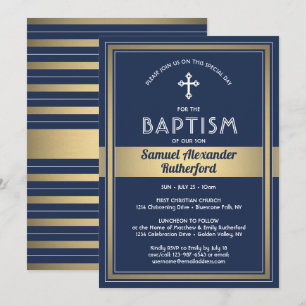 Invitation Baptême Garçon Élégant Bleu Nuit et Or