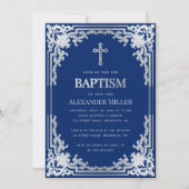 Invitation Baptême garçon Elégant Royal Blue Faux Silver Cros (Devant)