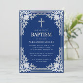 Invitation Baptême garçon Elégant Royal Blue Faux Silver Cros (Debout devant)