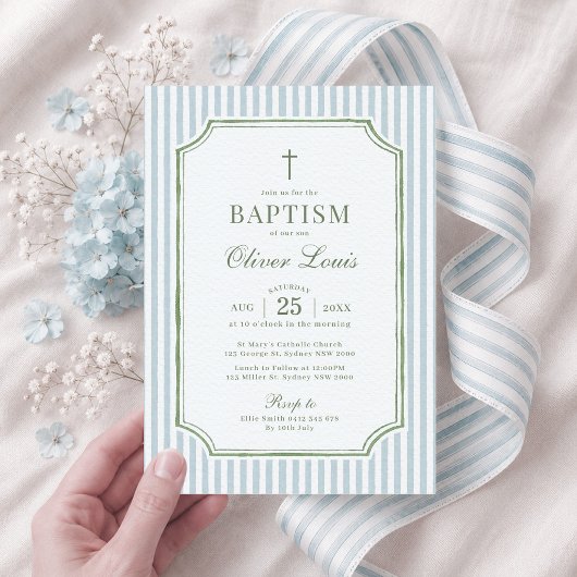 Invitation Baptême garçon fille Sage bleu rayure verte
