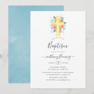 Invitation Baptême Garçon Floral Aquarelle Pastel