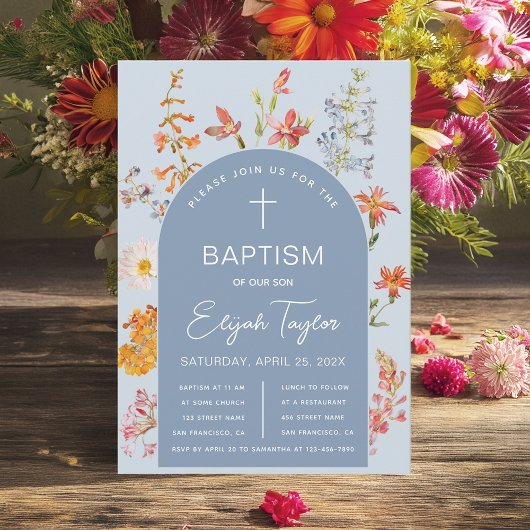 Invitation Baptême garçon Floral Bleu Arc Fleurs sauvages rel