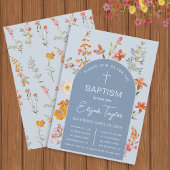 Invitation Baptême garçon Floral Bleu Arc Fleurs sauvages rel
