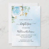 Invitation Baptême garçon floral eucalyptus ciel bleu (Devant)