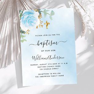 Invitation Baptême garçon floral eucalyptus ciel bleu