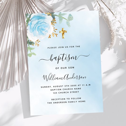 Invitation Baptême garçon floral eucalyptus ciel bleu