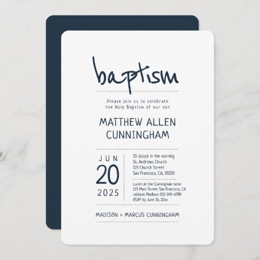 Invitation Baptême Garçon | Moderne + Simple (Devant / Derrière)
