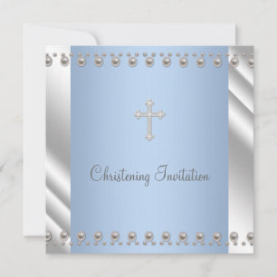 Invitation Baptême garçon perle bleu ivoire croix