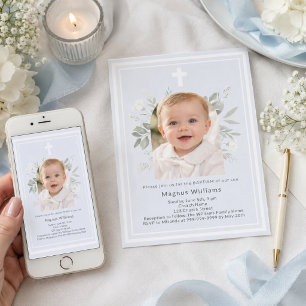 Invitation Baptême garçon photo bleu clair fleurs blanches ar