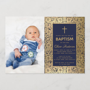 Invitation Baptême garçon Photo Marine Blue Vintage Gold Rose