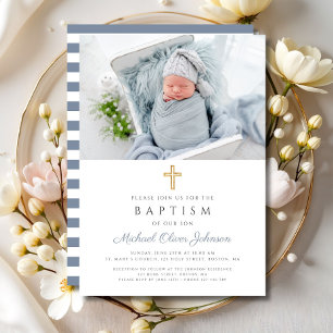Invitation Baptême garçon photo rayures bleu poussiéreux croi