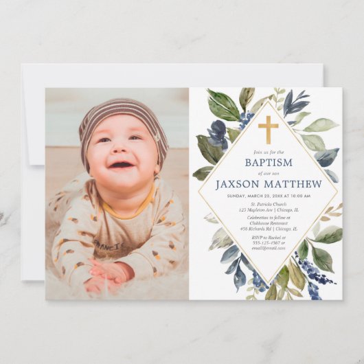 Invitation Baptême garçon photo, vert vert vert vert feuillag (Devant)