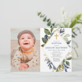 Invitation Baptême garçon photo, vert vert vert vert feuillag (Debout devant)