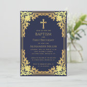 Invitation Baptême garçon Premier anniversaire Bleu marine Or (Debout devant)