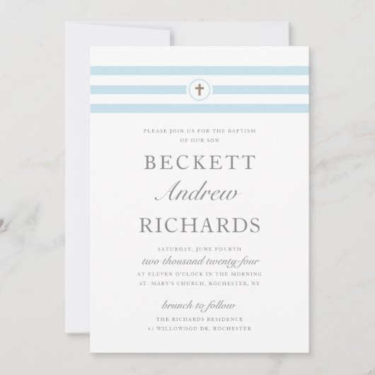 Invitation Baptême Garçon Rayure Classique Bleue (Devant)