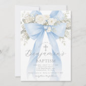 Invitation Baptême garçon ruban eucalyptus floral bleu (Devant)