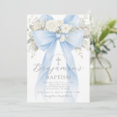 Invitation Baptême garçon ruban eucalyptus floral bleu (Debout devant)