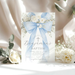 Invitation Baptême garçon ruban eucalyptus floral bleu