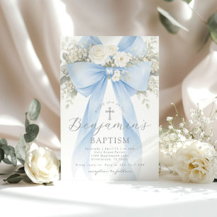 Invitation Baptême garçon ruban eucalyptus floral bleu