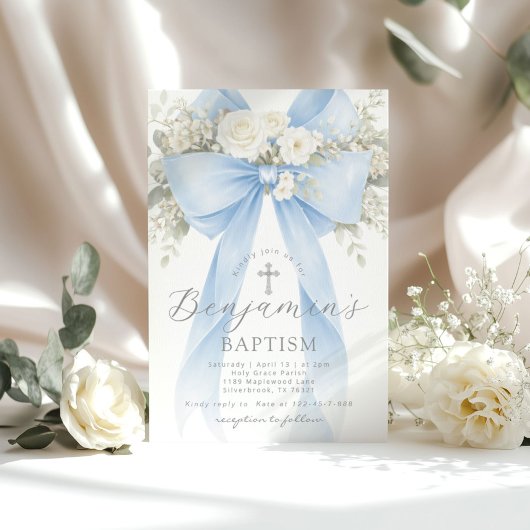 Invitation Baptême garçon ruban eucalyptus floral bleu