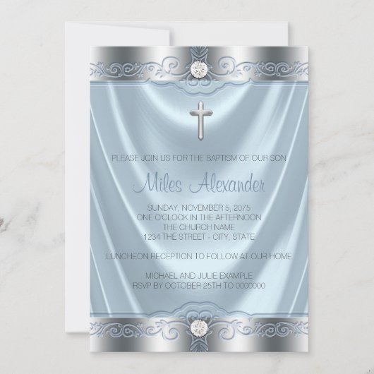 Invitation Baptême Garçons Bleu et Argent (Devant)