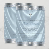 Invitation Baptême Garçons Bleu et Argent (Devant / Derrière)