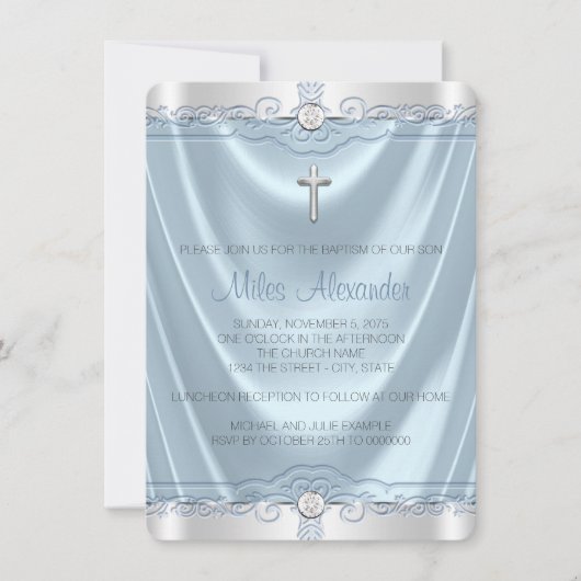 Invitation Baptême Garçons Bleu et Argent (Devant)