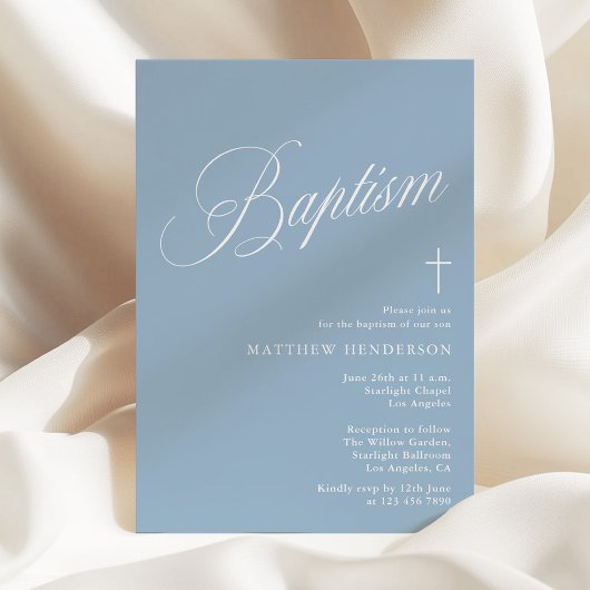 Invitation Baptême Garçons Bleu Poussiéreux Écriture Moderne