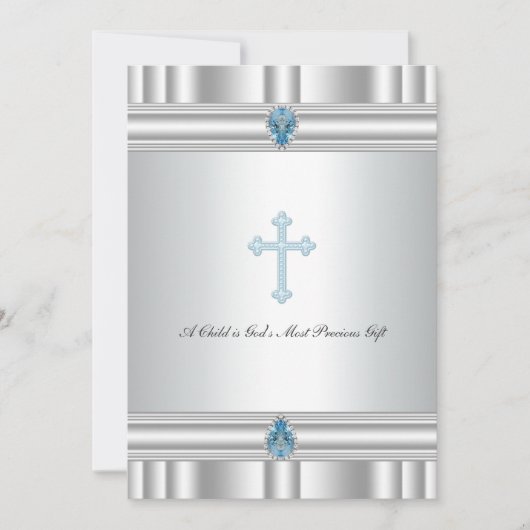 Invitation Baptême Garçons Croix Grise et Bleue (Devant)