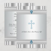 Invitation Baptême Garçons Croix Grise et Bleue (Devant / Derrière)