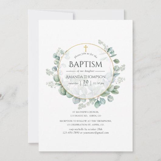 Invitation Baptême géométrique à l'aquarelle d'eucalyptus (Devant)
