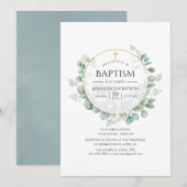 Invitation Baptême géométrique à l'aquarelle d'eucalyptus (Devant / Derrière)