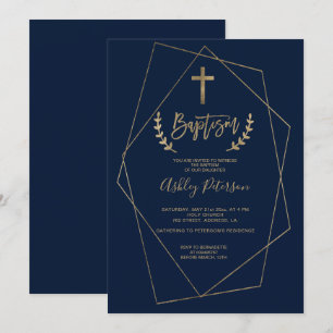 Invitation Baptême géométrique bleu marine d'or minimaliste