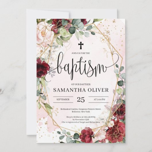 Invitation Baptême géométrique Boho burgundy floral or (Devant)