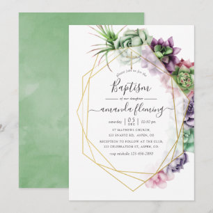Invitation Baptême géométrique de succulente à l'aquarelle