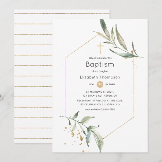 Invitation Baptême géométrique de verdure et de doré scintill (Devant / Derrière)