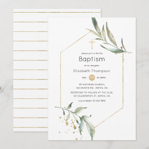 Invitation Baptême géométrique de verdure et de doré scintill